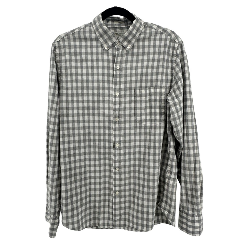 J.Crew Button Down Shirt Men Size M Gray White Gingham Slim Secret Wash Casual